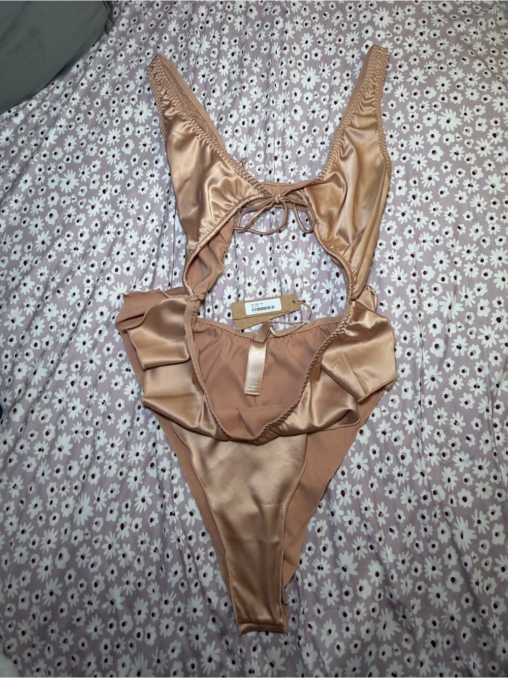 Skims Size XXS Woven Shine Tie Front Bodysuit Lingerie Pink Sand NWT